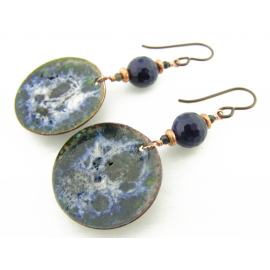 Artisan blue white black green crackle enamel copper sodalite earrings