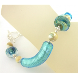 Caribbean Sands Bracelet Handmade bracelet aqua sand beige shell gemstones lampwork sterling silver