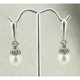 White Lattice Pearl Drops Earrings Artisan made sterling lattice petaled earrings with AAA white freshwater pearls