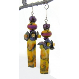 Handmade vibrant yellow purple black earrings with lampwork bumblebee jasper