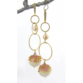 Handmade gold pink earrings with artisan lampwork freshwater pearls gold fill