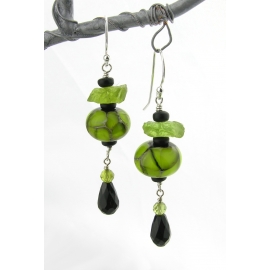 Rough At The Top Earrings Artisan made lime green black earrings with handmade glass peridot onyx sterling