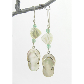 Toes In The Sand Earrings Handmade mother of pearl flip flop earrings with angel fish and aqua czech glass
