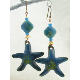 DEEP BLUE SEA(STAR) EARRINGS Artisan made teal blue, yellow enamel on copper starfish earrings apatite