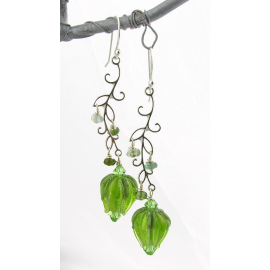 Handmade earrings with bright green roses, tourmaline, sterling silver vines