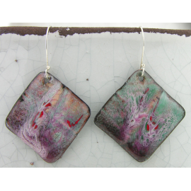 Artisan made teal red white purple enamel on copper earrings sterling silver