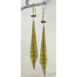 Handmade yellow gray earrings enamel brass citrine dinosaur bone niobium