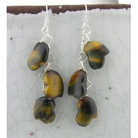 Artisan carved blue brown tiger eye earrings sterling heart petals