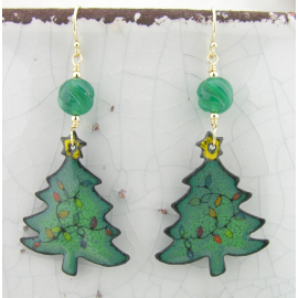 Artisan made green enamel on copper tree earrings gold fill carved onyx