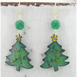 Oh Christmas Tree Earrings Artisan made green enamel on copper tree earrings gold fill carved onyx