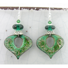 Artisan made green white enamel on copper earrings river stone lampwork sterling