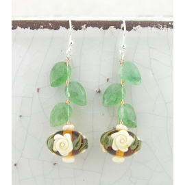 Handmade amber and off-white roses lampwork, green aventurine gemstone, sterling