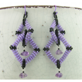 Purple and Black Diamonds Earrings - seed bead weave amethyst sterling silver