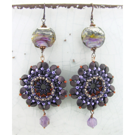 Dark Velvet Flowers Earrings - purple copper bead weave flower super 7