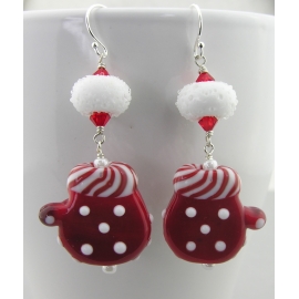 Artisan made red white sterling silver earrings with mitten snowball lampwork