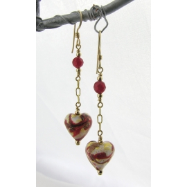 Handmade earrings with red white gold venetian hearts red quartz gold fill