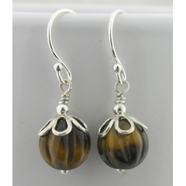 Artisan carved tiger eye earrings sterling brown melon petals