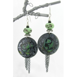 Handmade earrings mint green lampwork black onyx enamel sterling