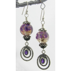Handmade earrings purple black silver lampwork amethyst black onyx sterling