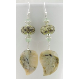 Handmade pale green organic earrings with prehnite, african opal leaf lampwork