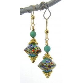 Golden Turquoise Klimt Earrings Handmade earrings with turquoise klimt style venetian beads gold fill vermeil