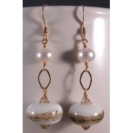 Handmade earrings with artisan lampwork freshwater pearls and gold fill