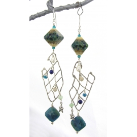 Handmade ocean fishnet sterling silver earrings lapis apatite lampwork pearls