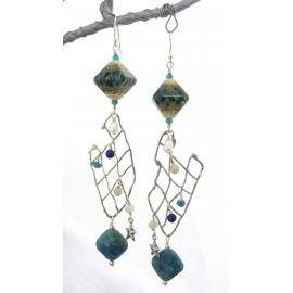 Jeweled Fishnet Earrings Handmade ocean fishnet sterling silver earrings lapis apatite lampwork pearls