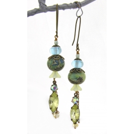 Softly Sulfured Waters Earrings Handmade earrings with green blue yellow lampwork crystal Czech glass brass
