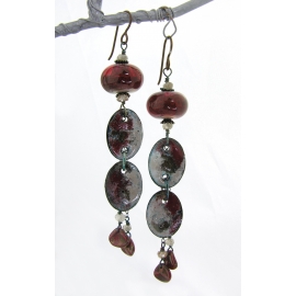Smoky Fire Earrings Artisan red black enamel on copper earrings lampwork zircon gemstone niobium