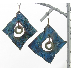 Artisan made blue green grunge crusty enamel on copper earrings lampwork niobium