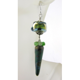 Handmade dark green organic earrings with chrysoprase ceramic spike lampwork