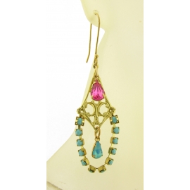 Dreaming of Jeannie Earrings Artisan made turquoise pink rhinestone chandelier brass earrings