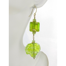 Peridot Leaves Earrings Artisan lime green earrings with artisan lampwork glass, peridot, gold fill