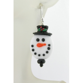 Artisan made white glass snowman face earrings in sterling Christmas winter hat