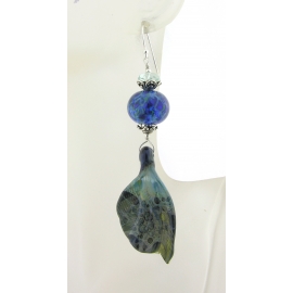 Handmade earrings with blue and teal lampwork glass wings, sterling silver