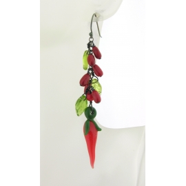 Handmade red black green red pepper ristra earrings, coral and sterling
