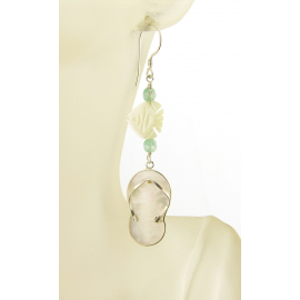 Handmade mother of pearl flip flop earrings with angel fish and aqua czech glass