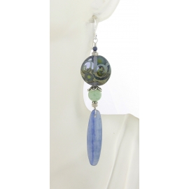 Handmade greblue earrings with lampwork glass, kyanite zircon sapphire sterling