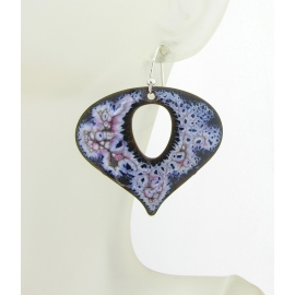 Artisan made blue, white, pink crackle enamel on copper earrings sterling