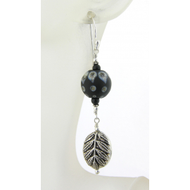 Artisan made sterling leaf earrings with black ivory lampwork, onyx