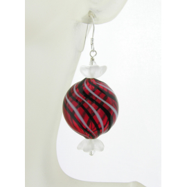 Dark Peppermint Candy Earrings Artisan made red white black blown glass Czech glass sterling silver earrings