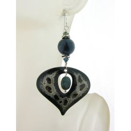 Artisan made teal, green, ivory enamel on copper earrings apatite sterling