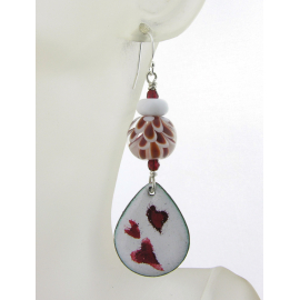 Red hearts on white enamel on copper, lampwork dahlia earrings sterling