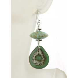 Artisan made light green, ivory enamel on copper lampwork earrings sterling