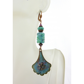 Gingko Drops Earring Artisan made organic enamel on copper Arizona turquoise purple earrings