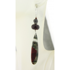 Handmade red, gray, black earrings with lampwork, african bloodstone, sterling