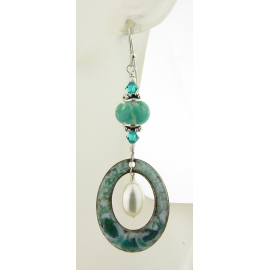 teal white aqua enamel on copper oval, lampwork pearls earrings