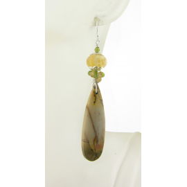 Handmade yellow green earrings with lampwork, red creek jasper, garnet, sterling