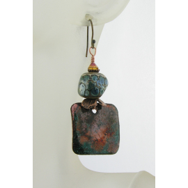 Artisan made teal, blue raku copper squares and lampwork nugget earrings